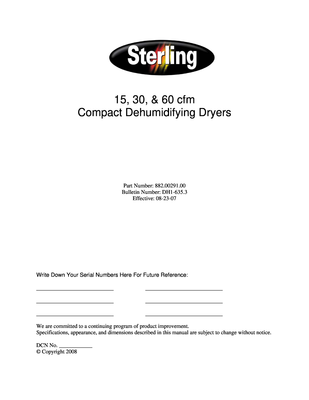 Sterling 882.00291.00 specifications 15, 30, & 60 cfm Compact Dehumidifying Dryers 