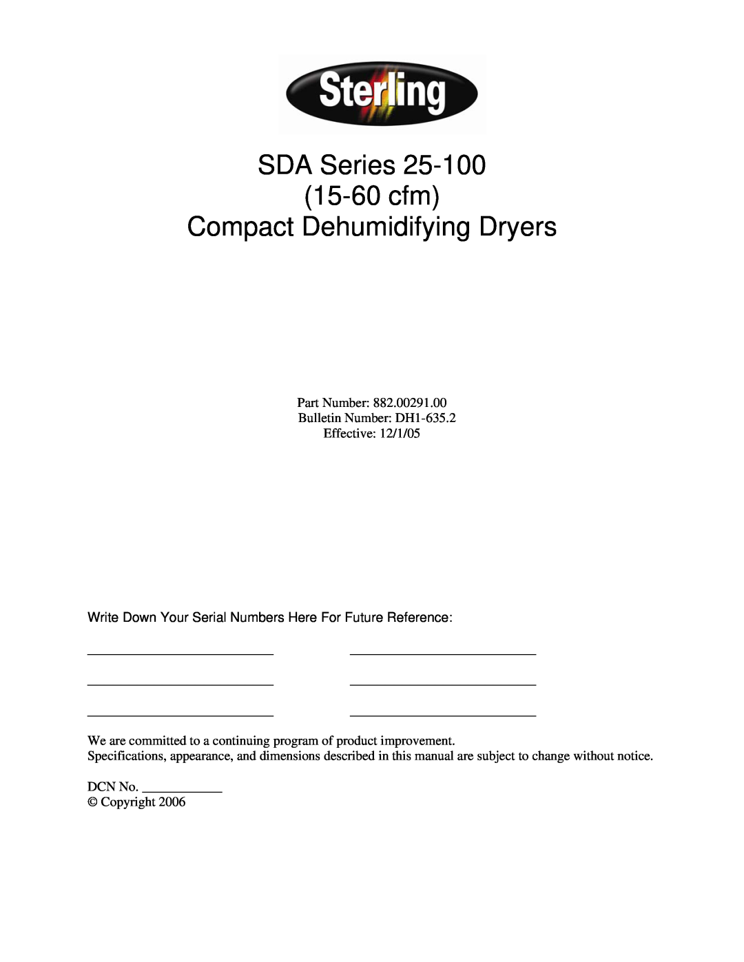 Sterling 882.00291.00 specifications SDA Series 15, 30, & 60 cfm, Compact Dehumidifying Dryers 