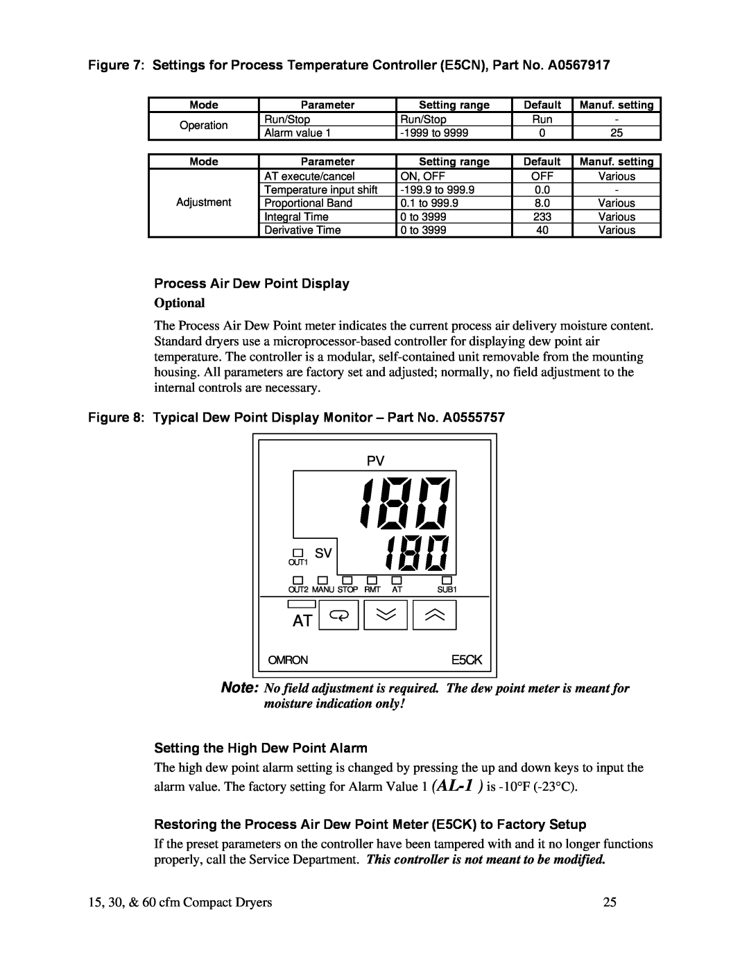 Sterling 882.00291.00 specifications Process Air Dew Point Display, Optional, Setting the High Dew Point Alarm 