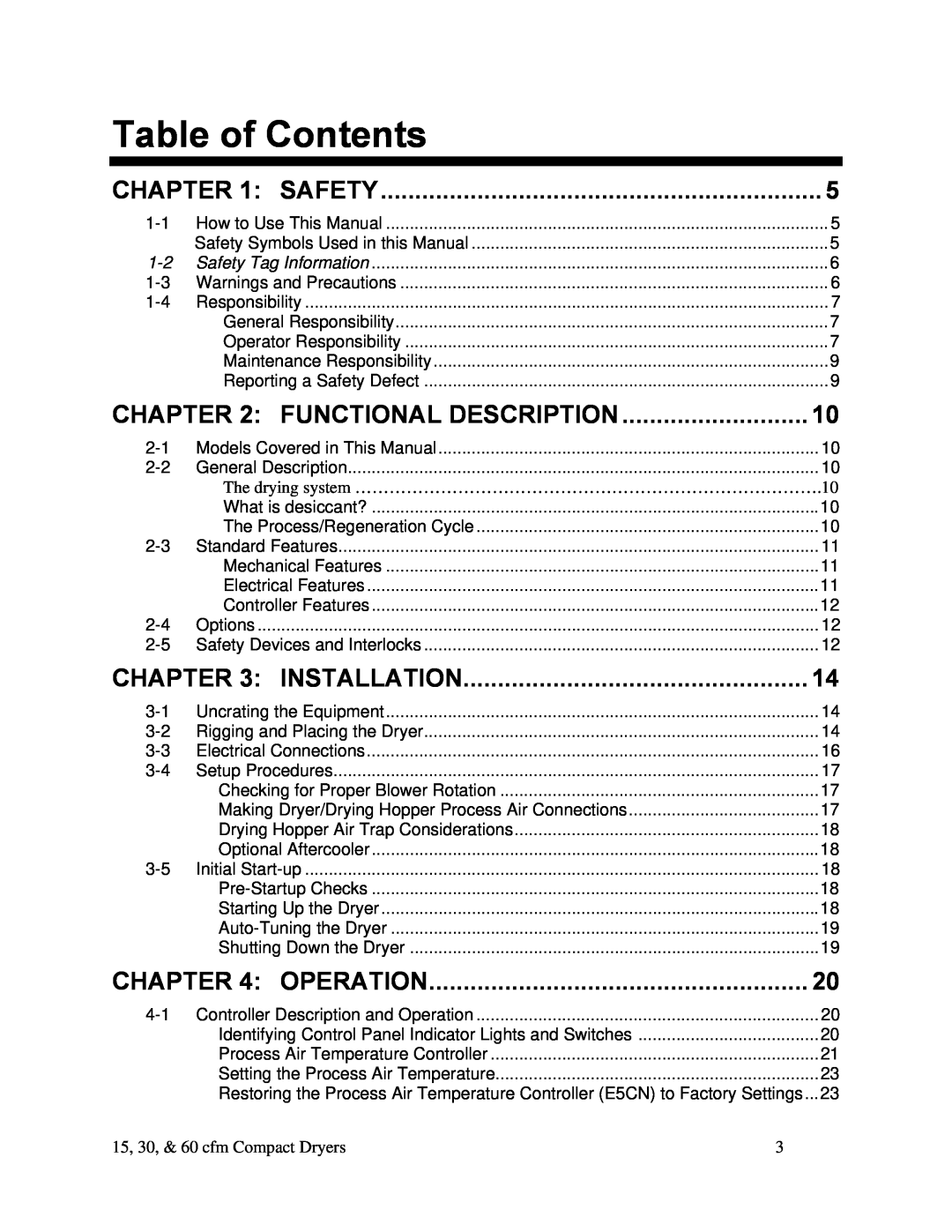 Sterling 882.00291.00 specifications Table of Contents, Functional Description, Installation, Operation, Safety 