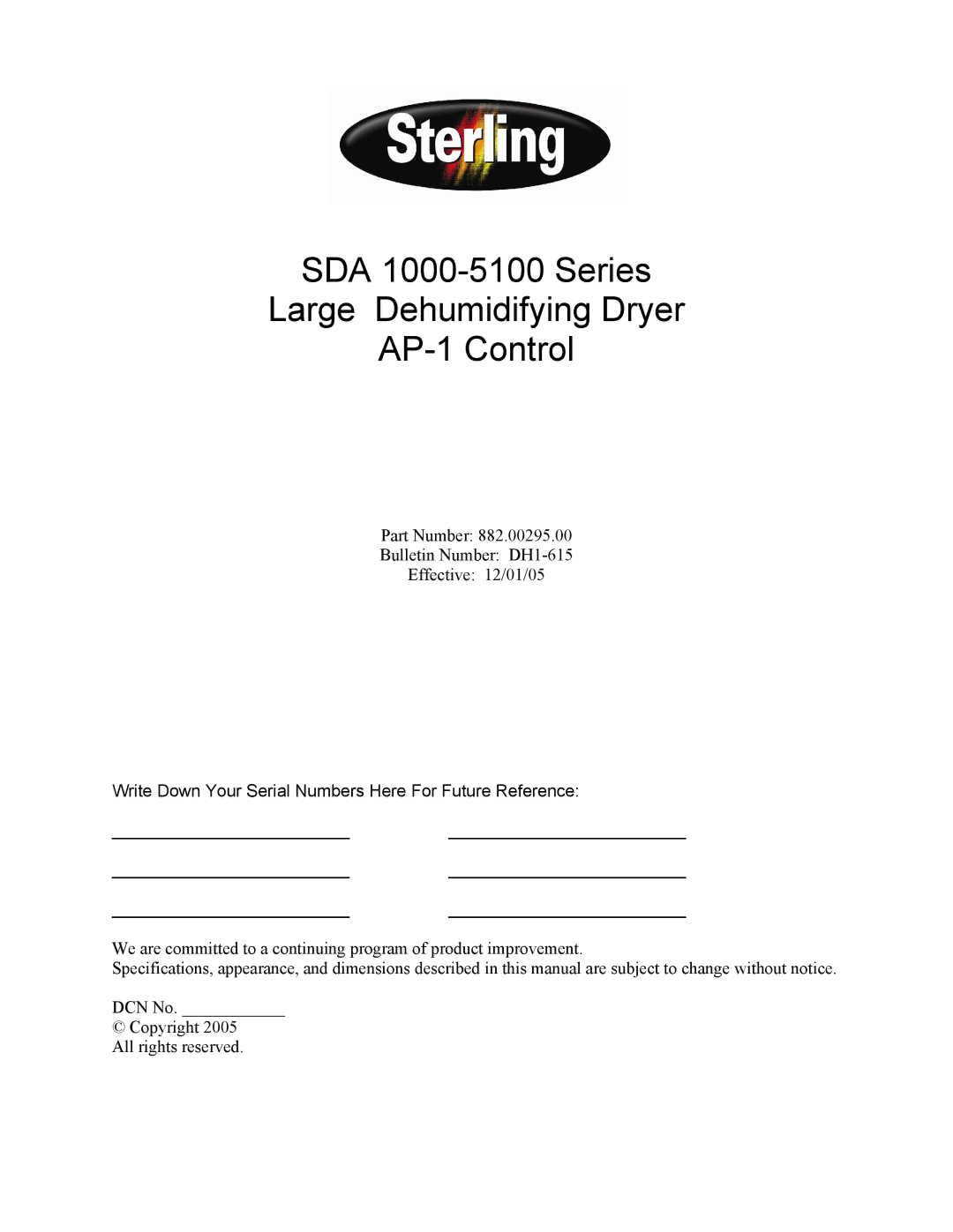 Sterling 882.00295.00 specifications SDA 1000-5100 Series Large Dehumidifying Dryer AP-1 Control 