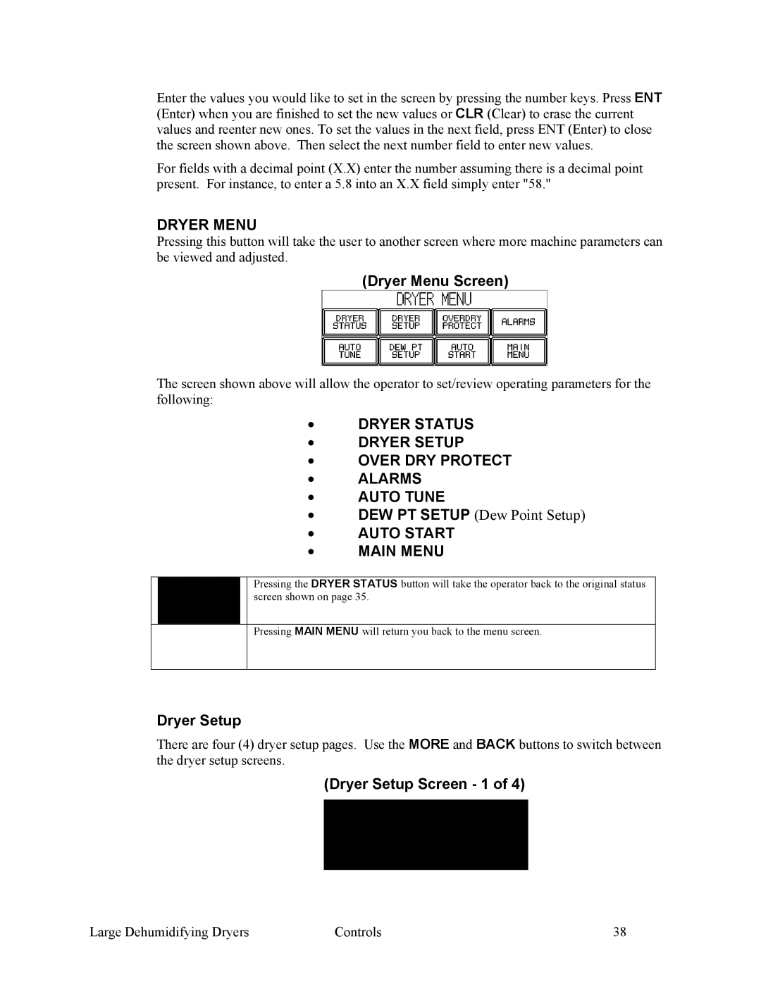 Sterling 882.00295.00 Dryer Menu, Dryer Status Dryer Setup Over DRY Protect Alarms Auto Tune, Auto Start Main Menu 