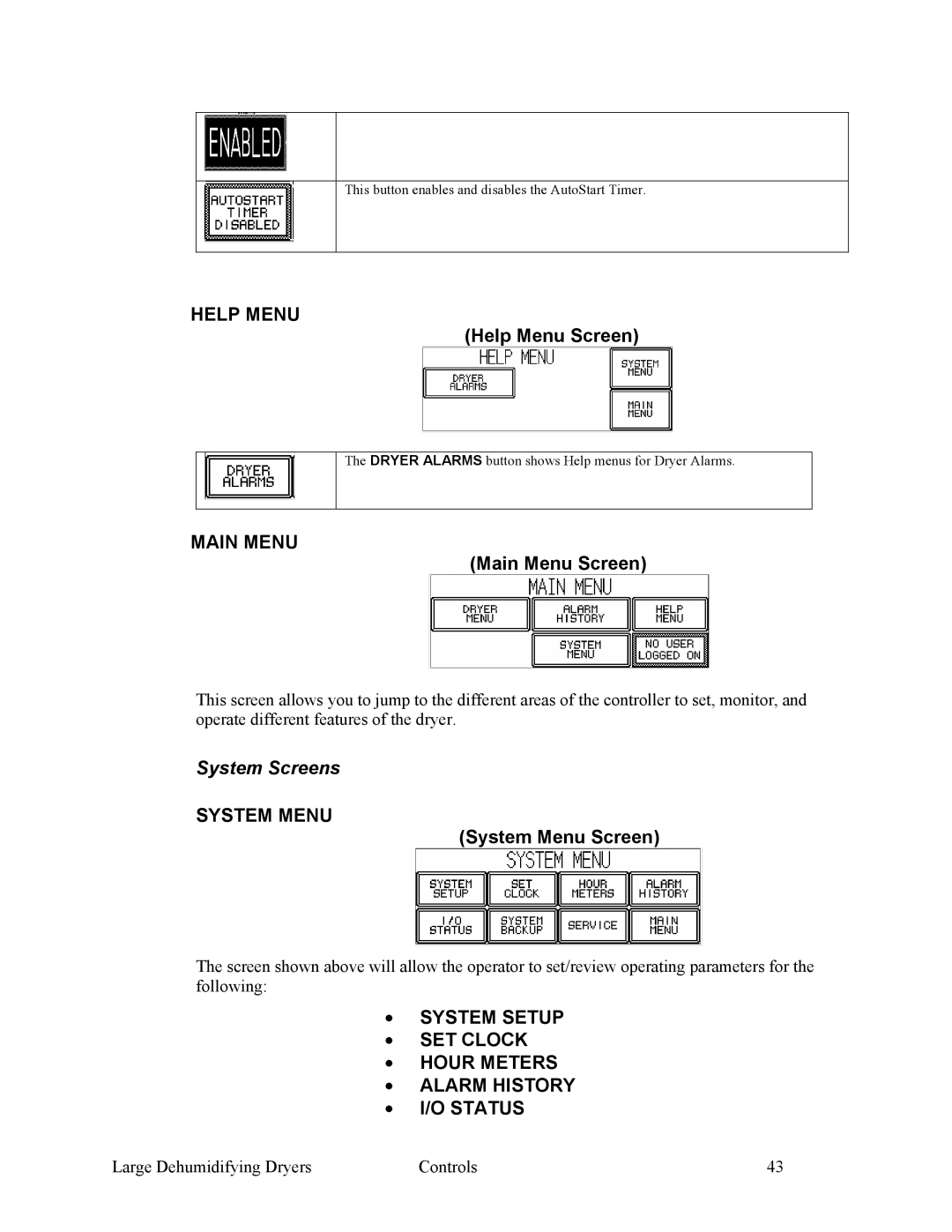 Sterling 882.00295.00 specifications Help Menu Screen, System Menu Screen 