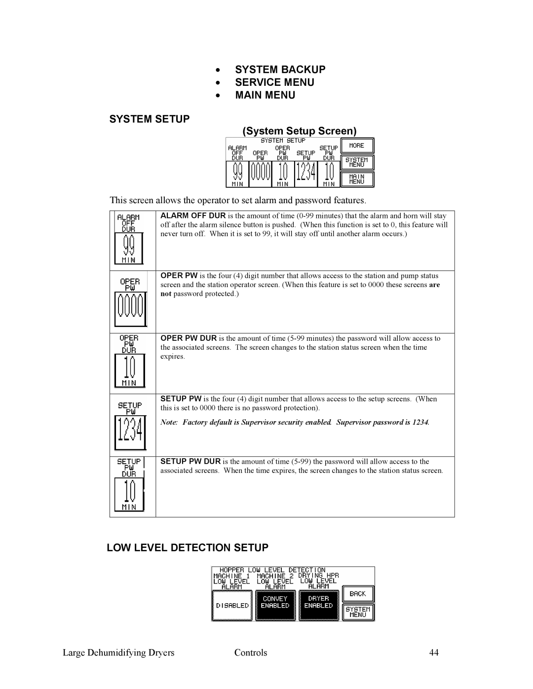 Sterling 882.00295.00 System Backup Service Menu Main Menu System Setup, System Setup Screen, LOW Level Detection Setup 