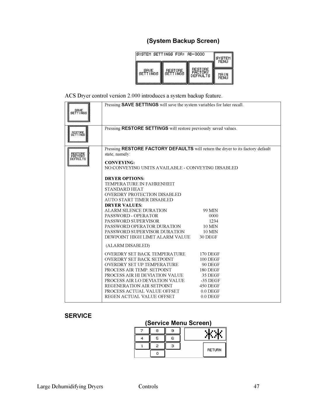 Sterling 882.00295.00 specifications System Backup Screen, Service Menu Screen 