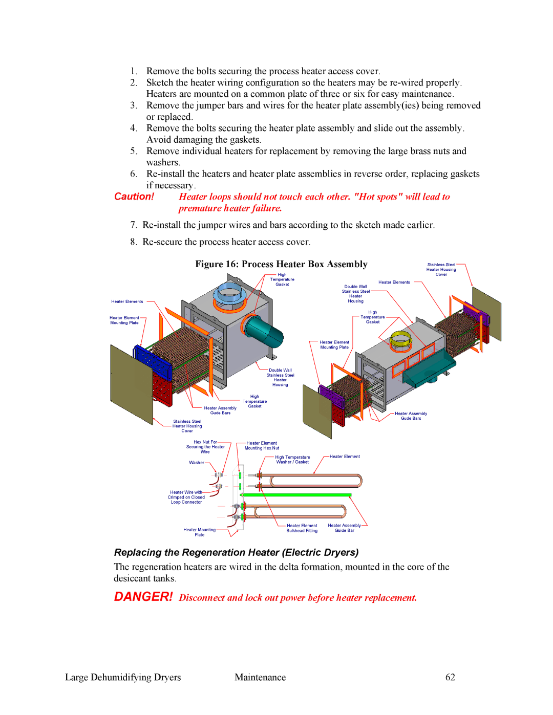 Sterling 882.00295.00 specifications Process Heater Box Assembly, Replacing the Regeneration Heater Electric Dryers 