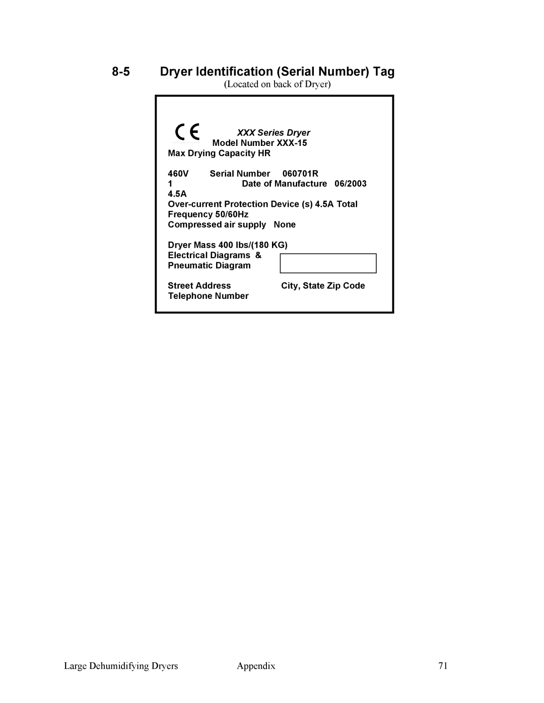 Sterling 882.00295.00 specifications Dryer Identification Serial Number Tag, Located on back of Dryer 