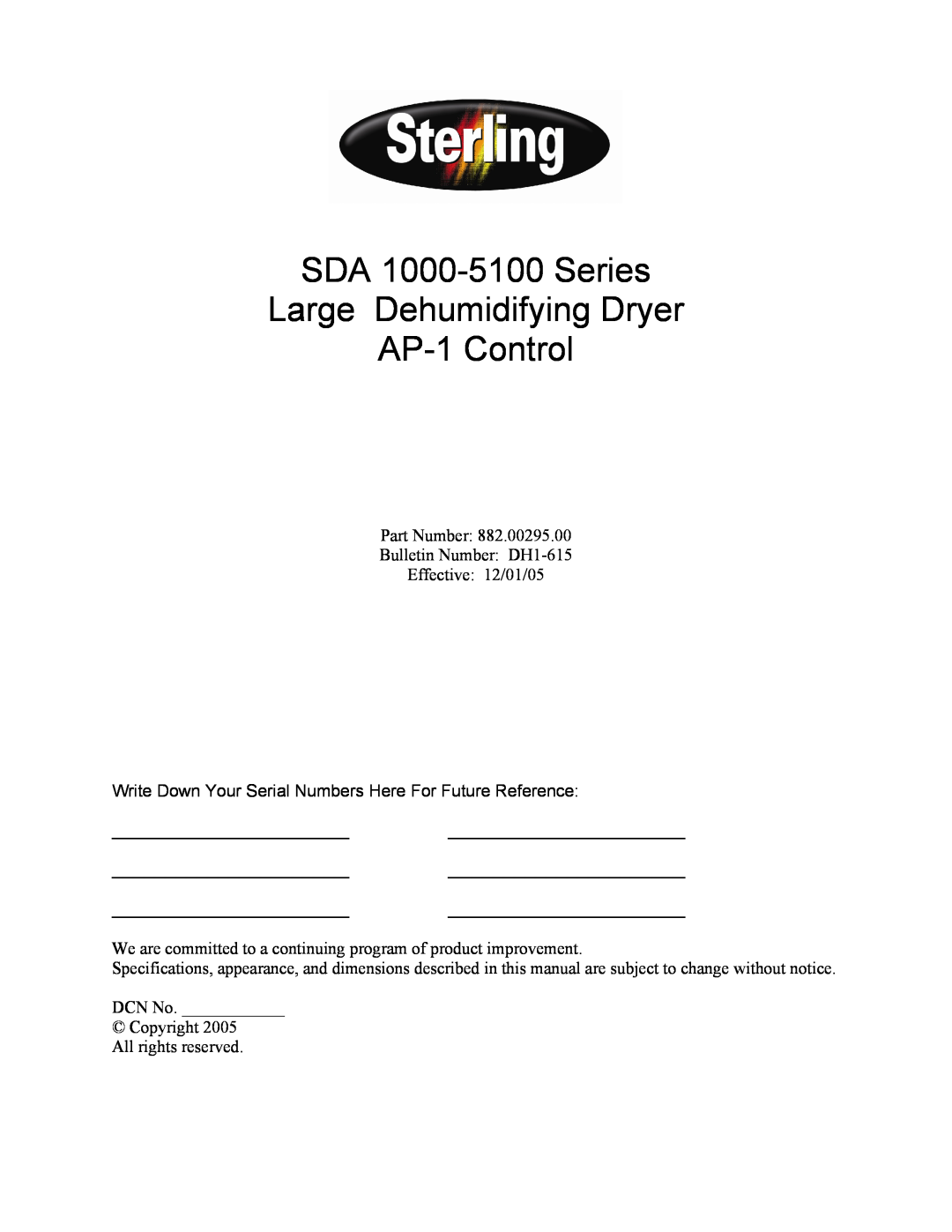Sterling 882.00295.00 specifications SDA 1000-5100Series Large Dehumidifying Dryer, AP-1Control 