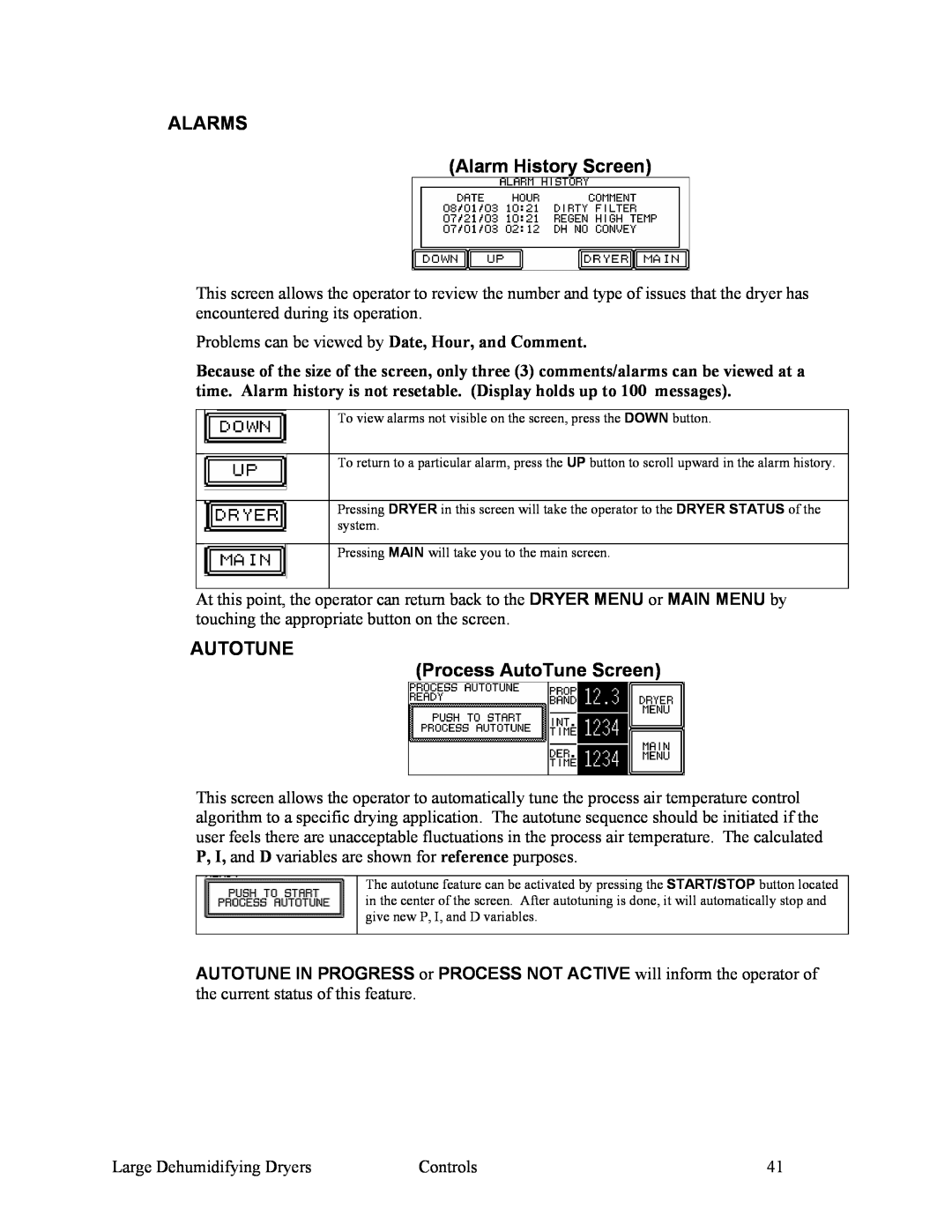 Sterling 882.00295.00 specifications ALARMS Alarm History Screen, AUTOTUNE Process AutoTune Screen 