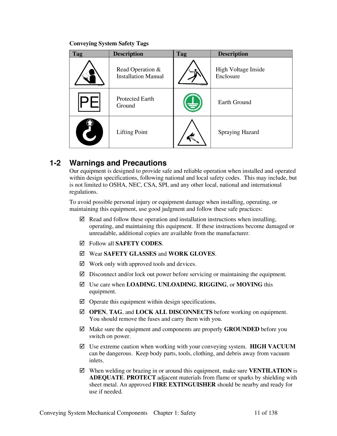 Sterling 882.00379.00 manual Conveying System Safety Tags Description, Wear Safety Glasses and Work Gloves 