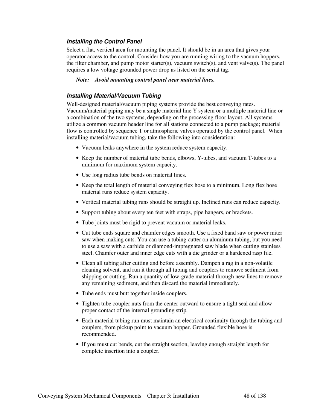 Sterling 882.00379.00 manual Installing the Control Panel, Installing Material/Vacuum Tubing 