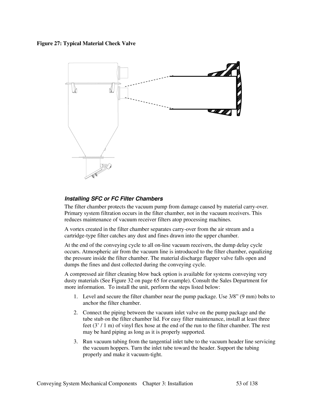 Sterling 882.00379.00 manual Typical Material Check Valve, Installing SFC or FC Filter Chambers 