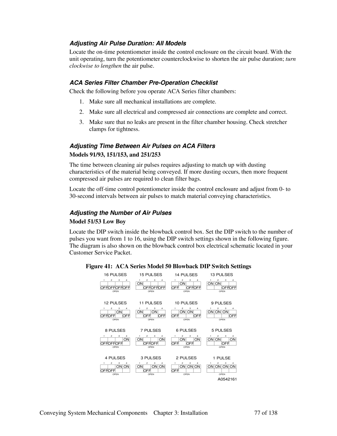 Sterling 882.00379.00 manual Adjusting Air Pulse Duration All Models, ACA Series Filter Chamber Pre-Operation Checklist 