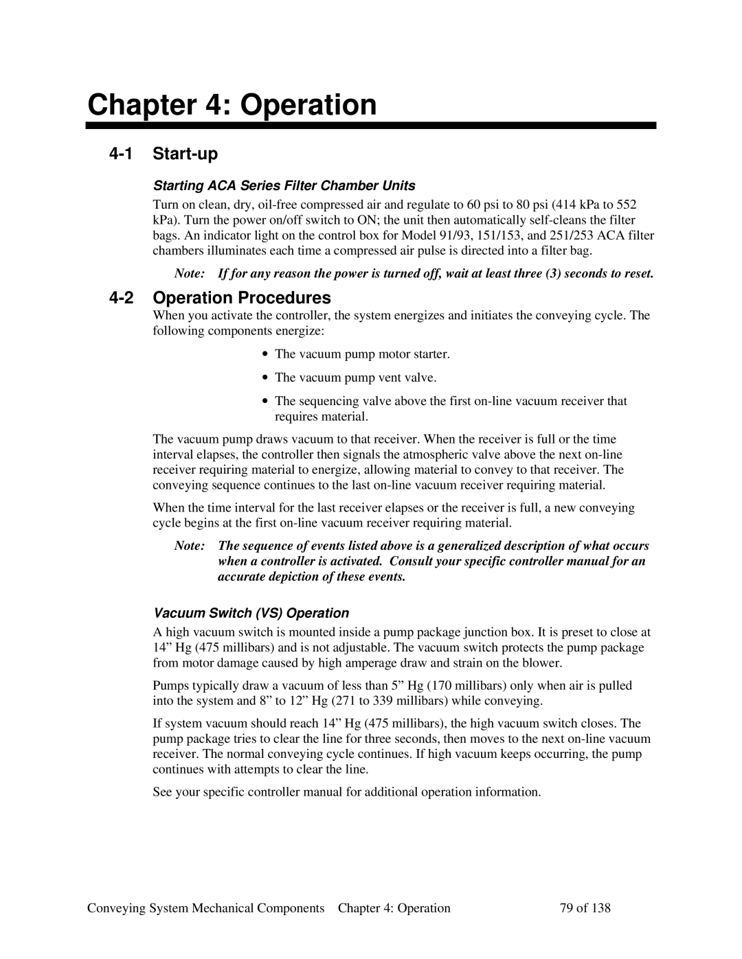 Sterling 882.00379.00 manual Start-up, Operation Procedures, Vacuum Switch VS Operation 