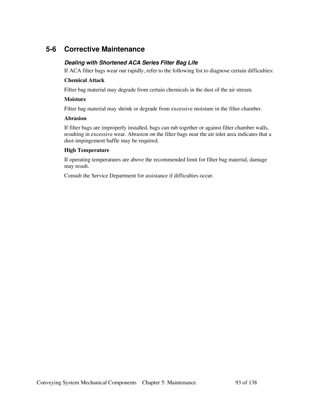 Sterling 882.00379.00 manual Corrective Maintenance, Dealing with Shortened ACA Series Filter Bag Life 