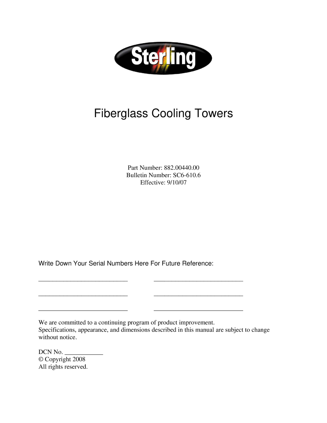 Sterling 882.00440.00 SC6-610.6 specifications Fiberglass Cooling Towers 