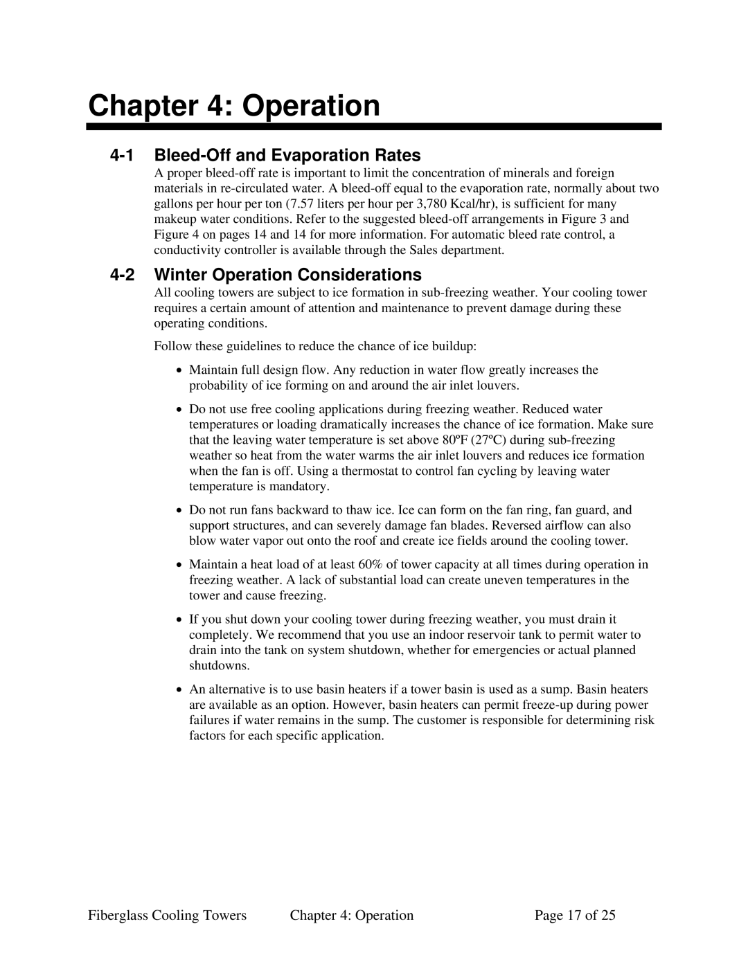 Sterling 882.00440.00 SC6-610.6 specifications Bleed-Off and Evaporation Rates, Winter Operation Considerations 