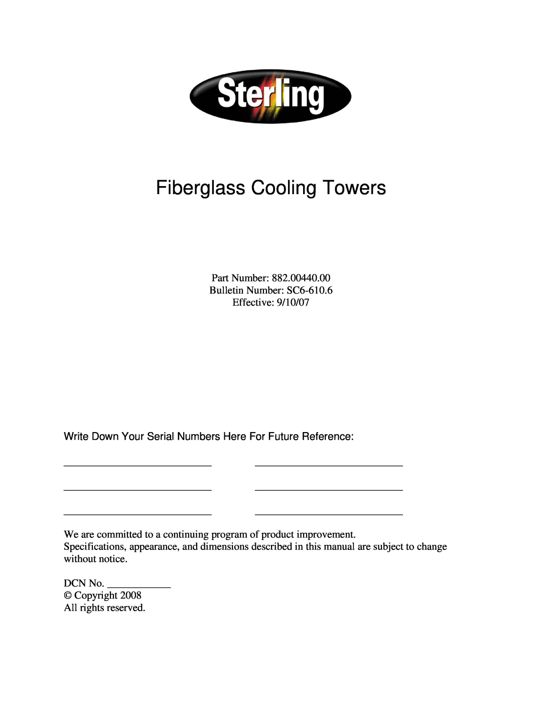 Sterling 882.00440.00 SC6-610.6 specifications Fiberglass Cooling Towers 
