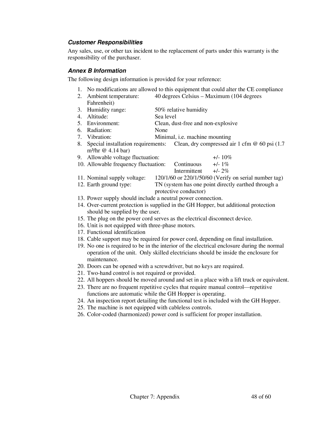 Sterling 882.00722.00 manual Customer Responsibilities, Annex B Information 