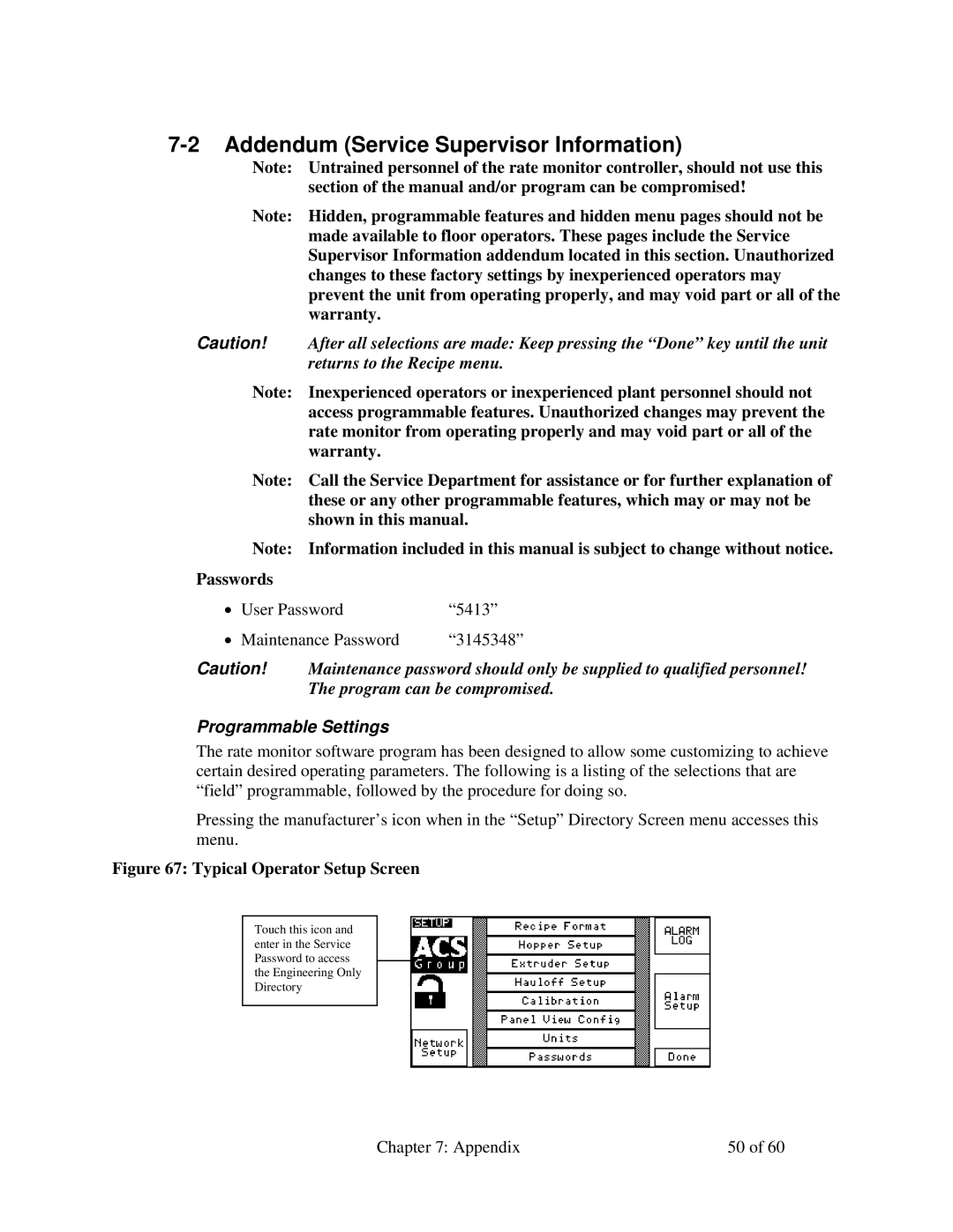 Sterling 882.00722.00 manual Addendum Service Supervisor Information, Passwords, Programmable Settings 