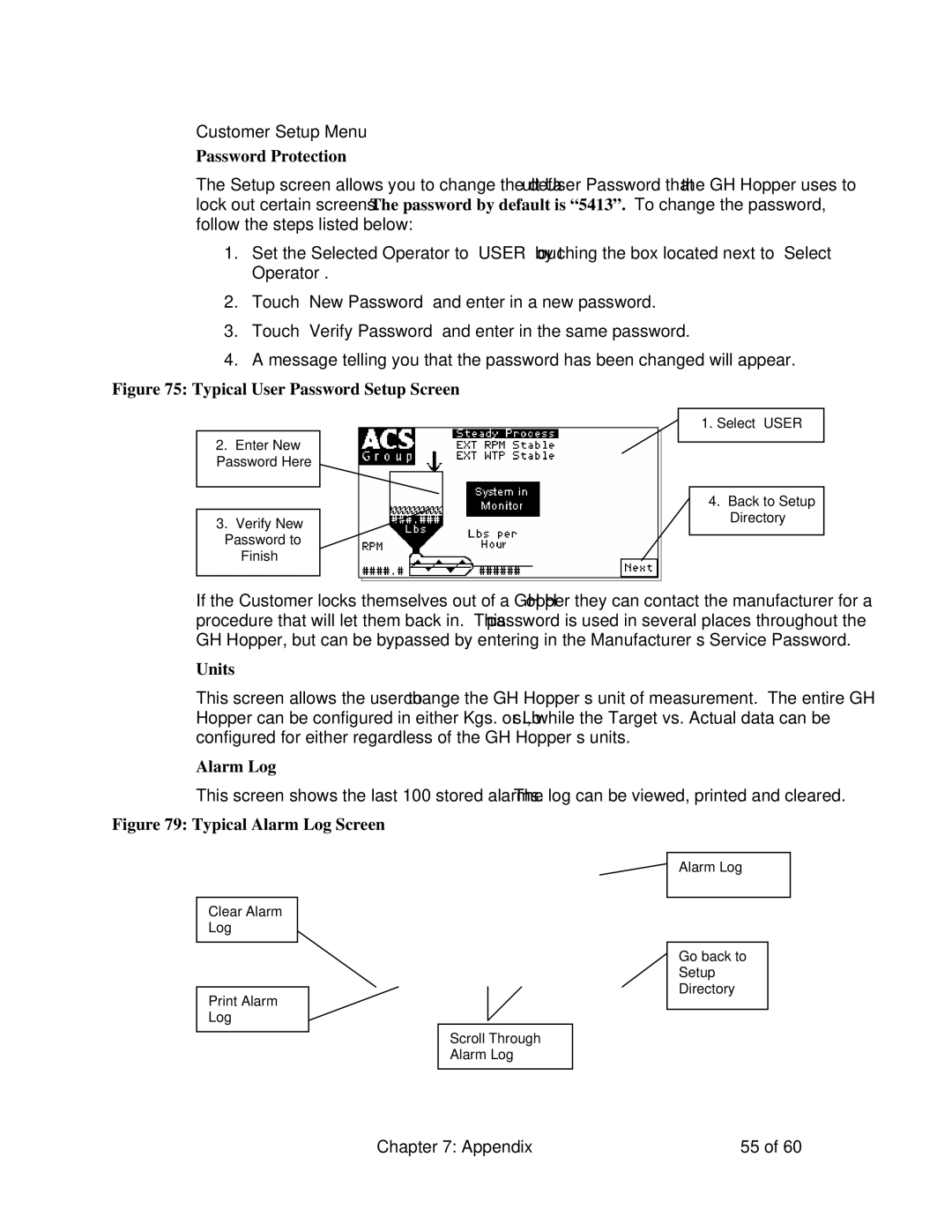 Sterling 882.00722.00 manual Customer Setup Menu, Password Protection, Units, Alarm Log 