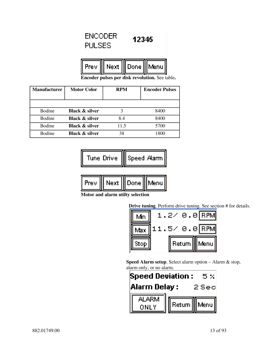 Sterling 882.01749.00 manual Encoder Pulses, Motor and alarm utilty selection 