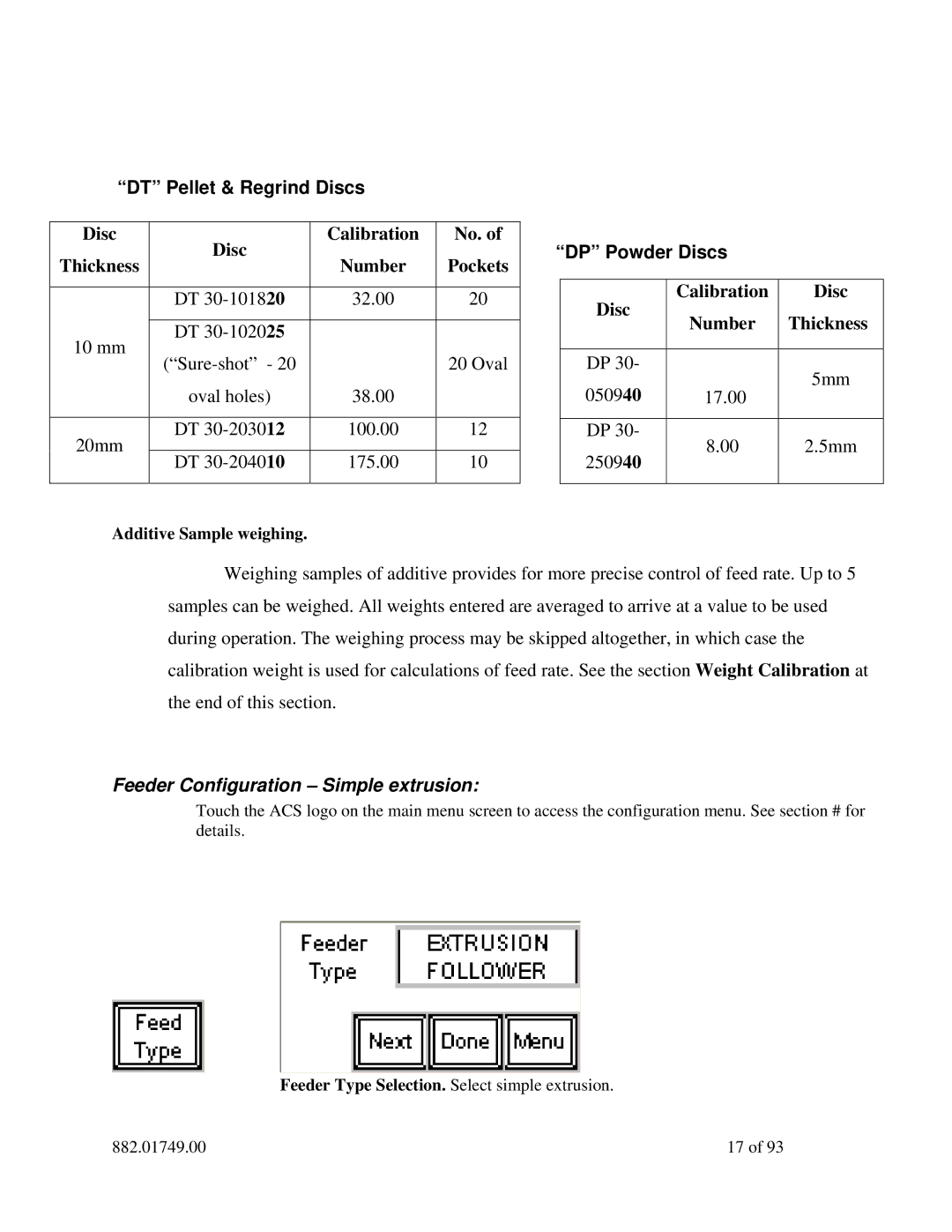 Sterling 882.01749.00 manual DT Pellet & Regrind Discs, DP Powder Discs, Additive Sample weighing 