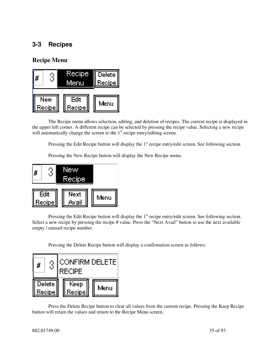 Sterling 882.01749.00 manual Recipes, Recipe Menu 