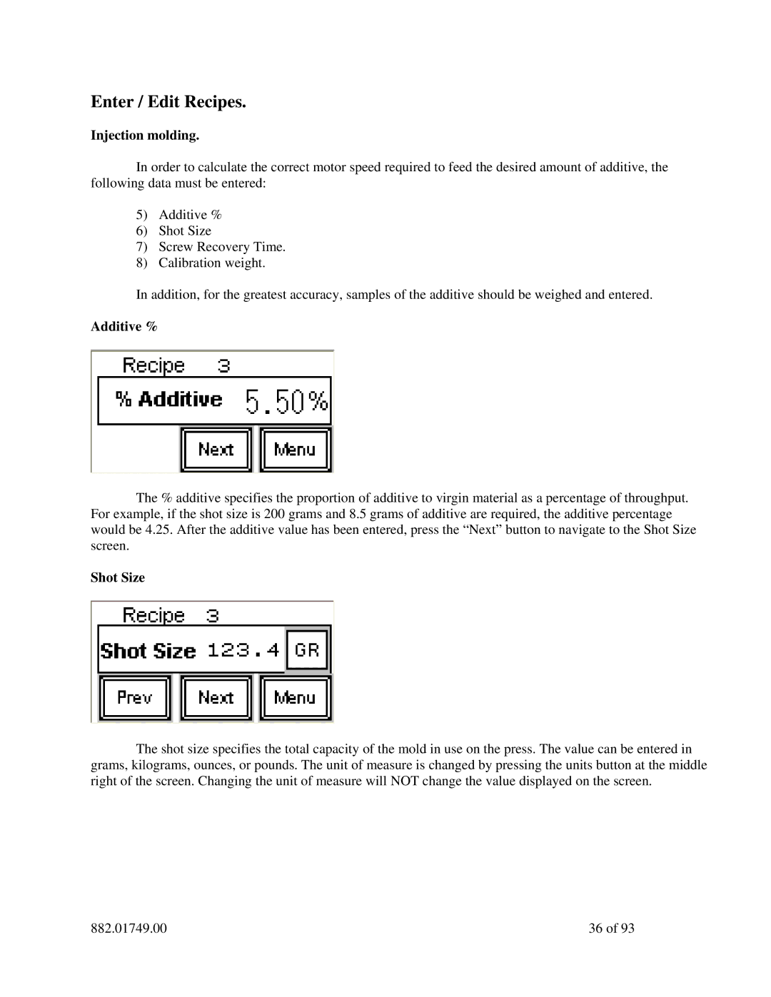 Sterling 882.01749.00 manual Enter / Edit Recipes, Injection molding 