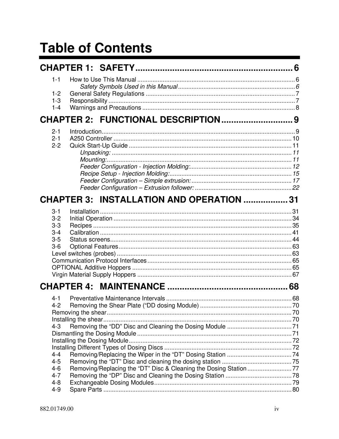 Sterling 882.01749.00 manual Table of Contents 