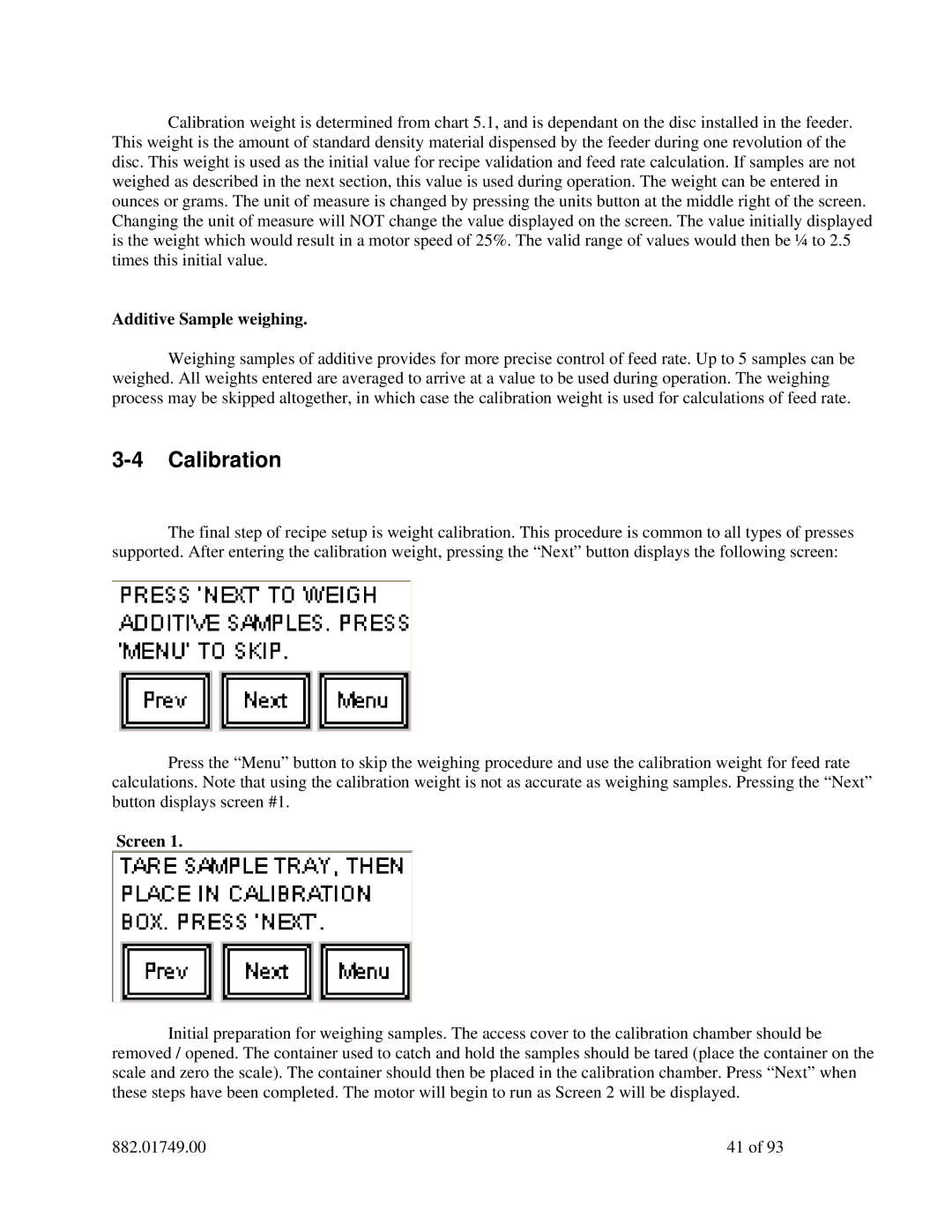 Sterling 882.01749.00 manual Calibration, Screen 