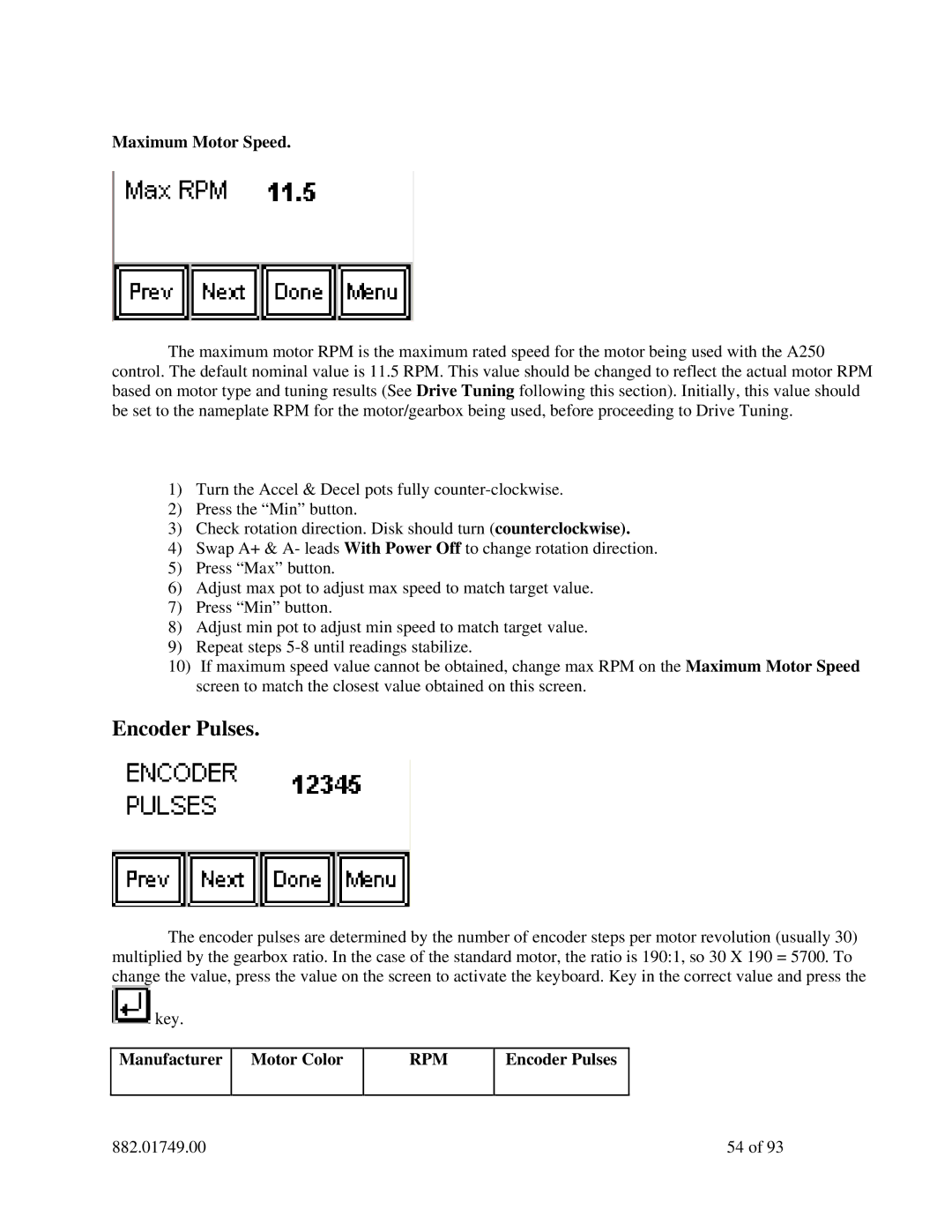 Sterling 882.01749.00 manual Encoder Pulses, Maximum Motor Speed, Manufacturer Motor Color 