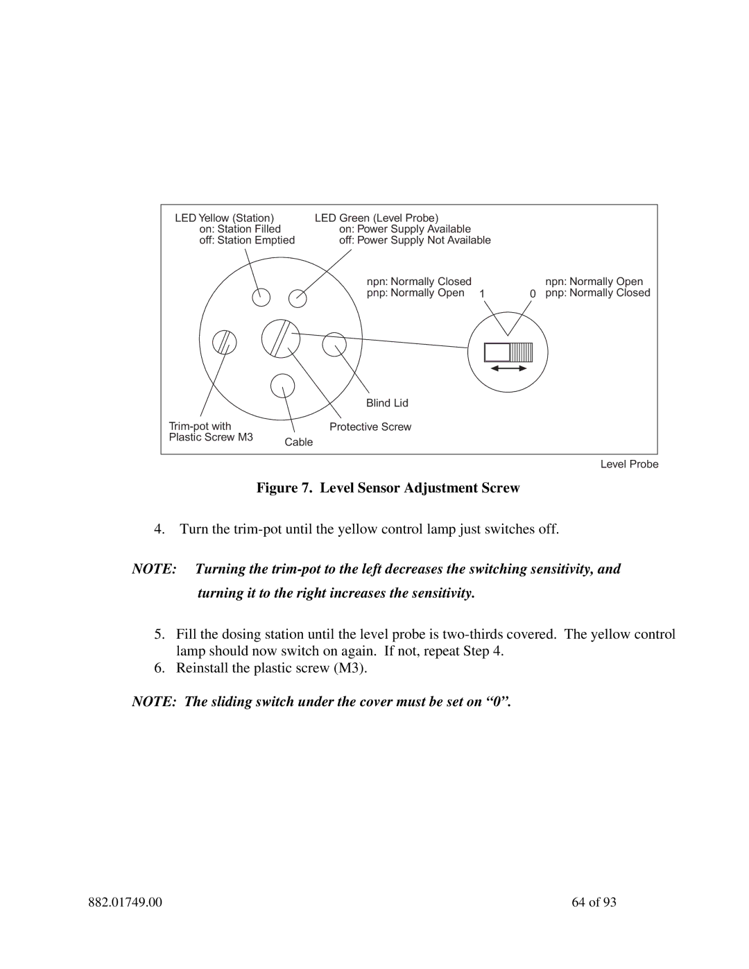 Sterling 882.01749.00 manual Level Sensor Adjustment Screw 