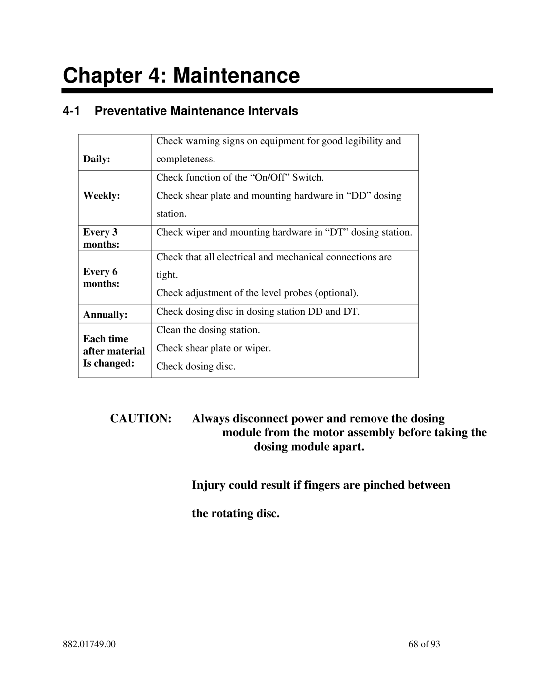 Sterling 882.01749.00 manual Preventative Maintenance Intervals 