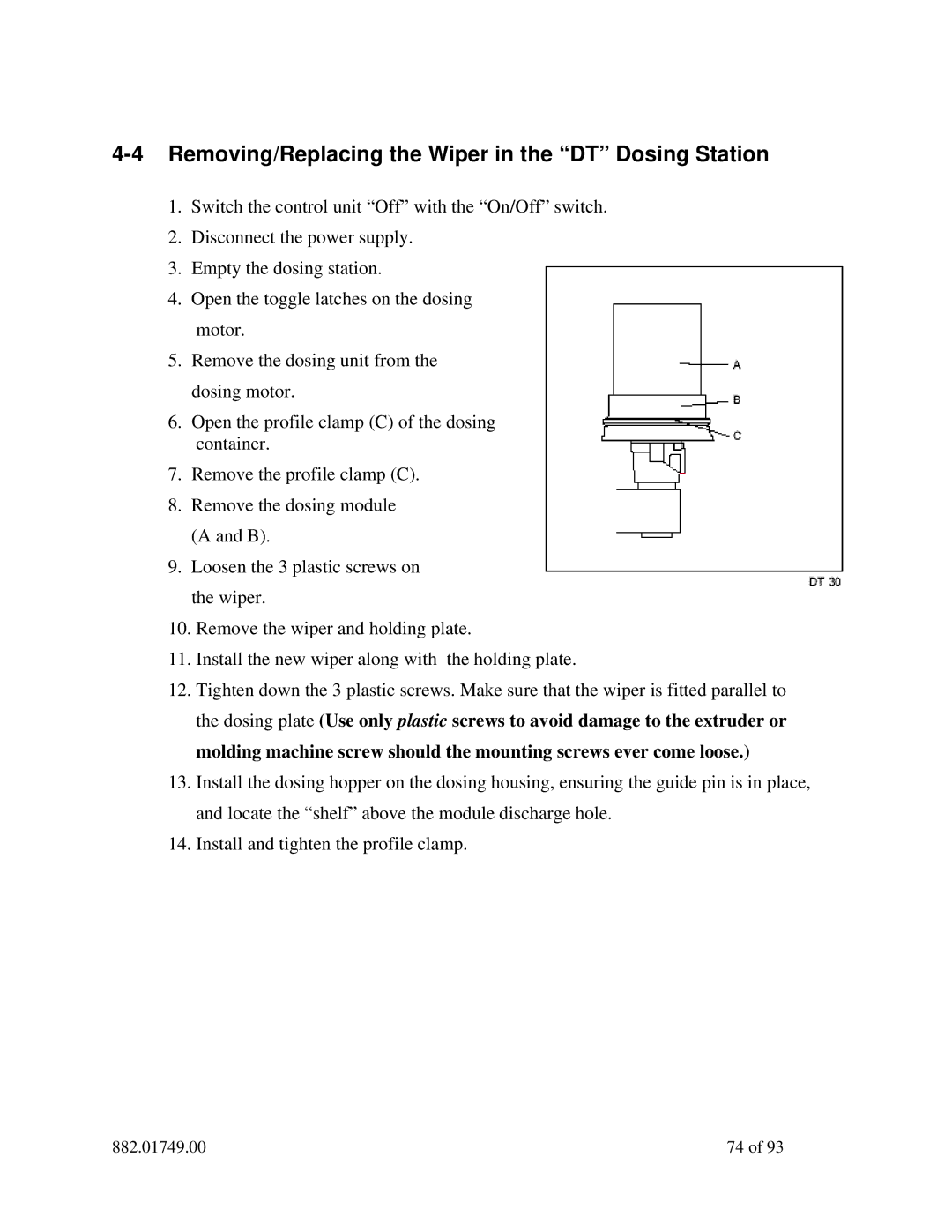 Sterling 882.01749.00 manual Removing/Replacing the Wiper in the DT Dosing Station 