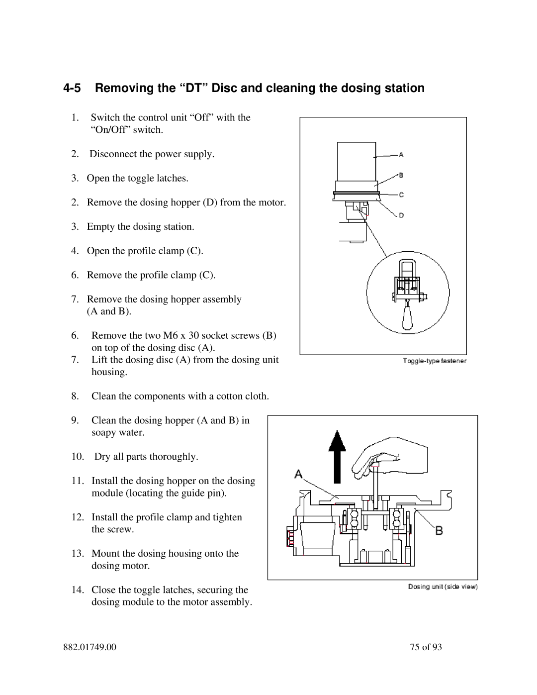 Sterling 882.01749.00 manual Removing the DT Disc and cleaning the dosing station 