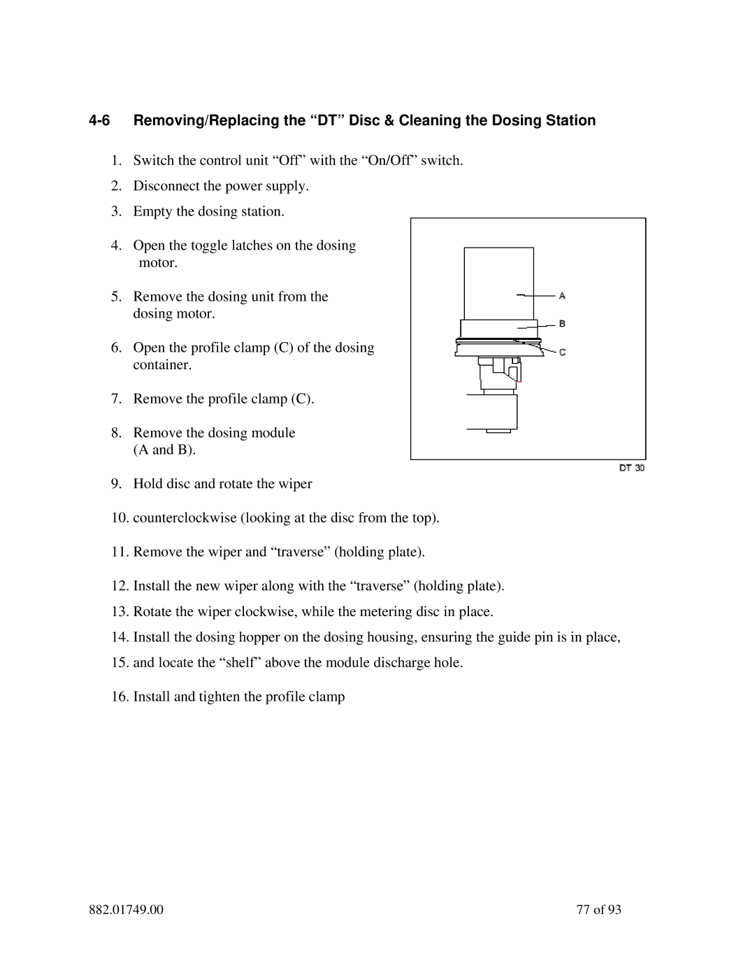 Sterling 882.01749.00 manual Removing/Replacing the DT Disc & Cleaning the Dosing Station 