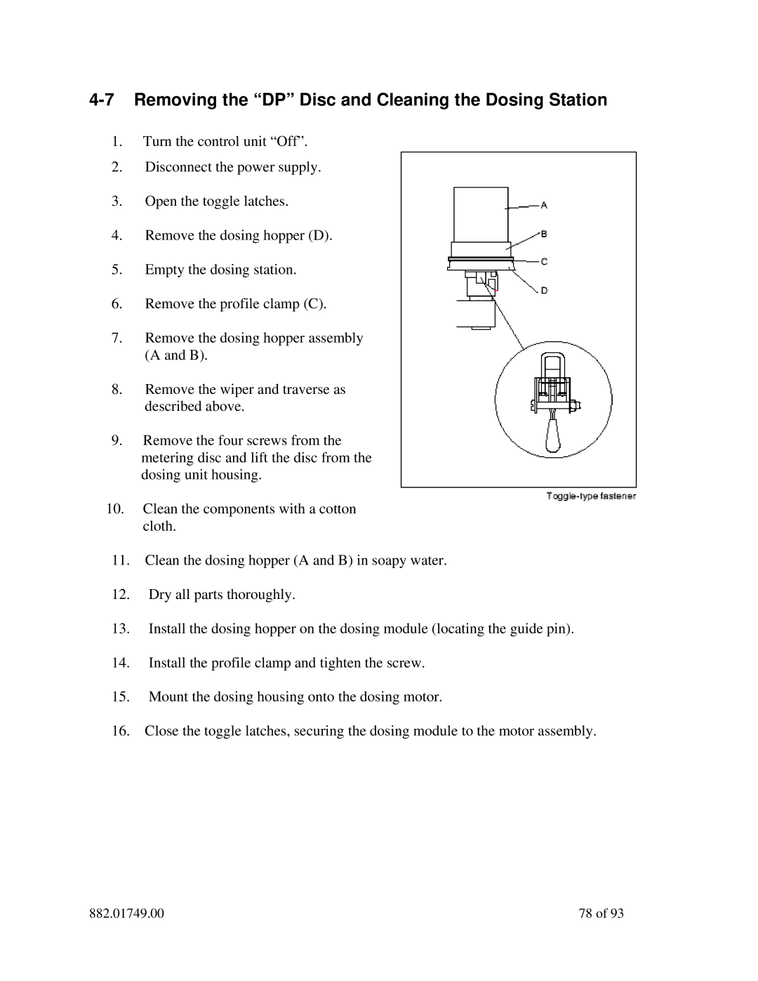 Sterling 882.01749.00 manual Removing the DP Disc and Cleaning the Dosing Station 