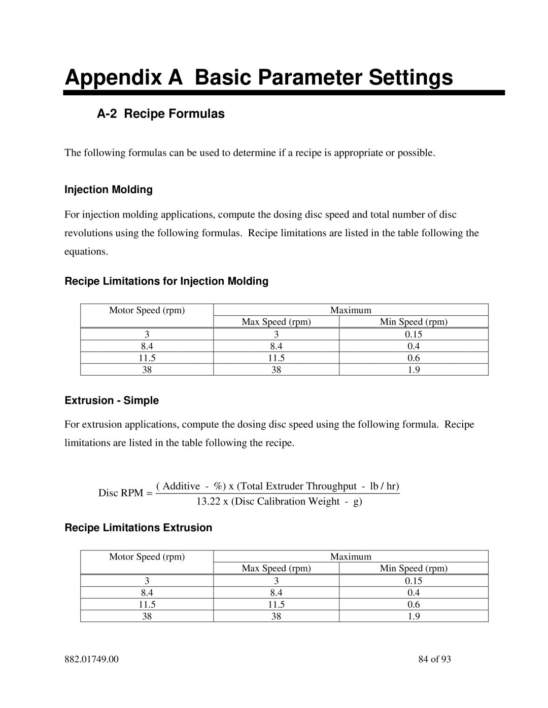 Sterling 882.01749.00 manual Appendix a Basic Parameter Settings, Recipe Formulas 