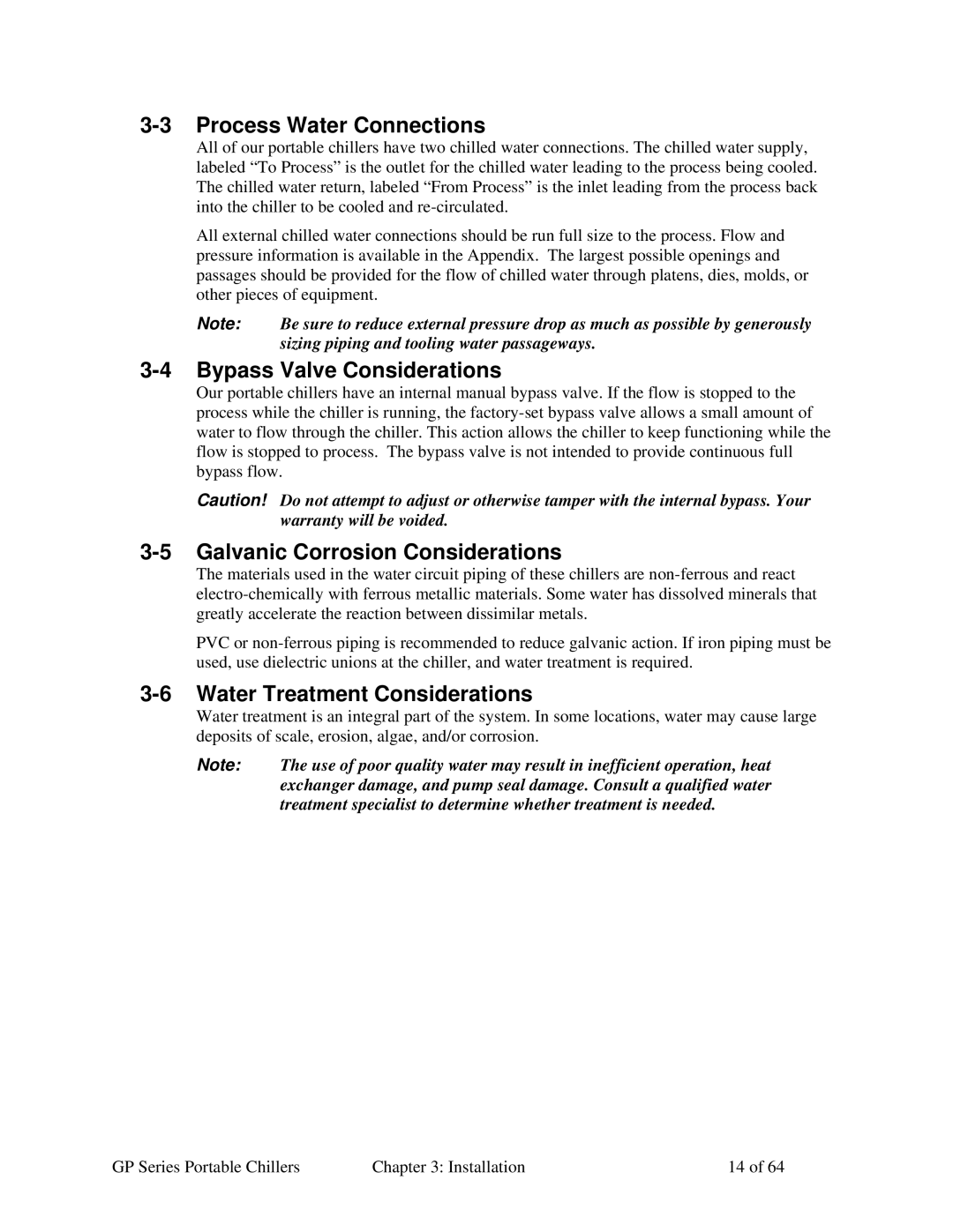 Sterling 882.93092.00 Process Water Connections, Bypass Valve Considerations, Galvanic Corrosion Considerations 