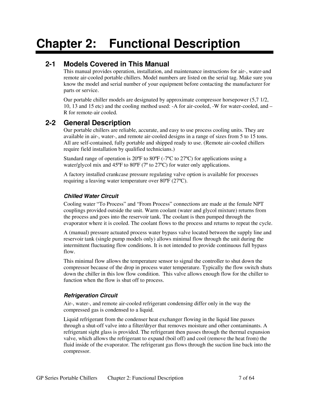 Sterling 882.93092.00 Functional Description, Models Covered in This Manual, General Description, Chilled Water Circuit 