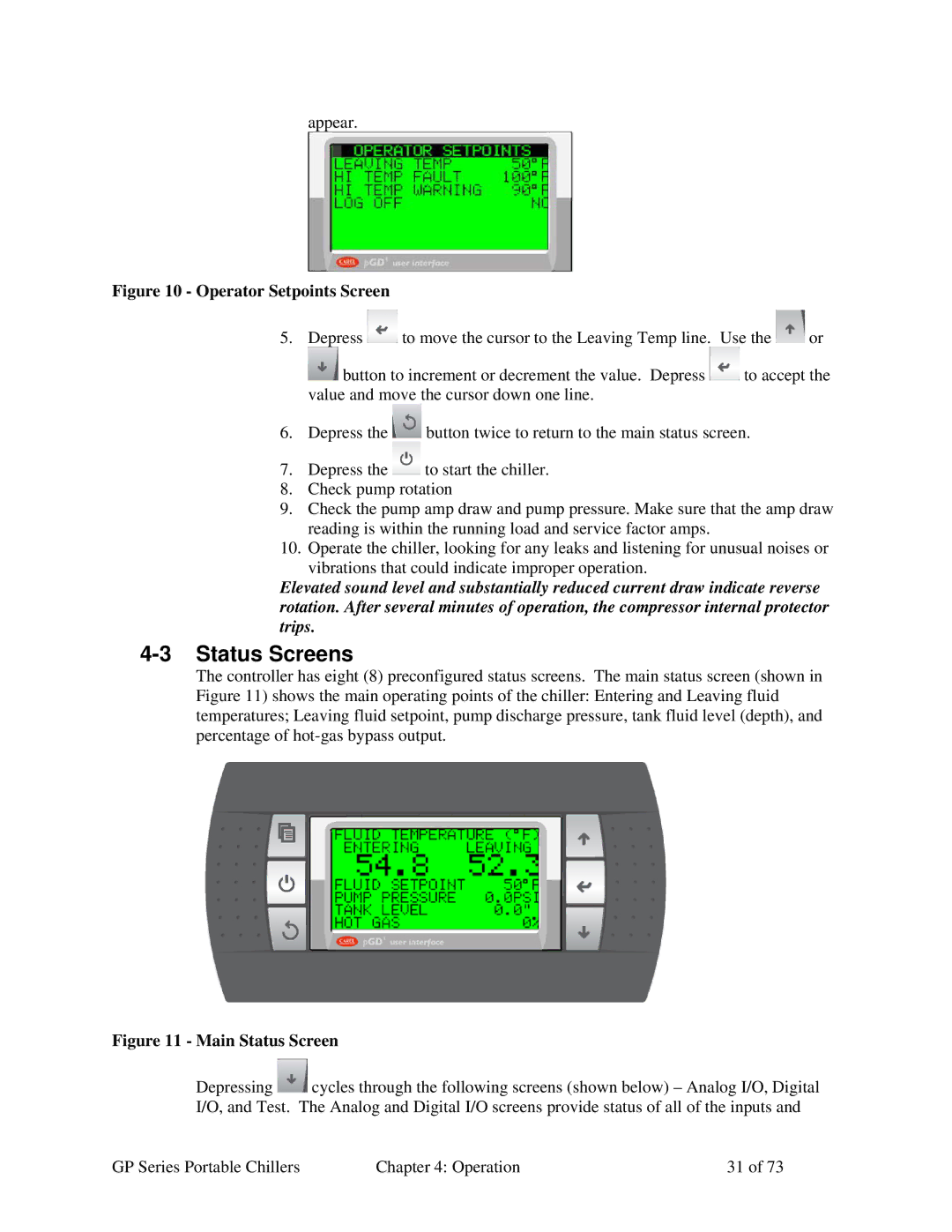 Sterling 882.93092.00 specifications Status Screens, Operator Setpoints Screen 