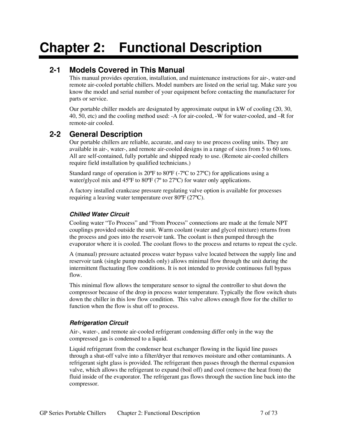 Sterling 882.93092.00 Functional Description, Models Covered in This Manual, General Description, Chilled Water Circuit 