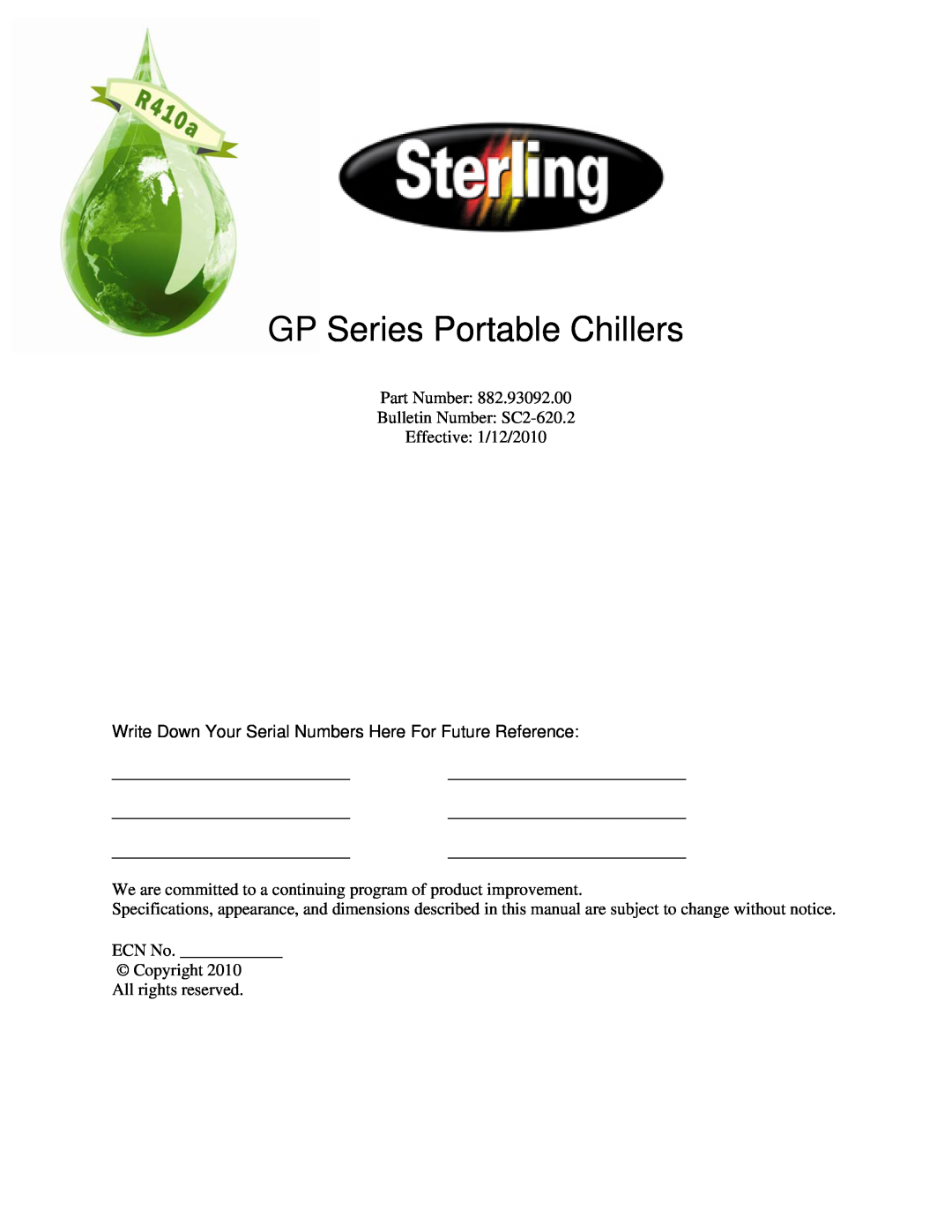 Sterling 882.93092.00 specifications GP Series Portable Chillers, ECN No Copyright 2010 All rights reserved 