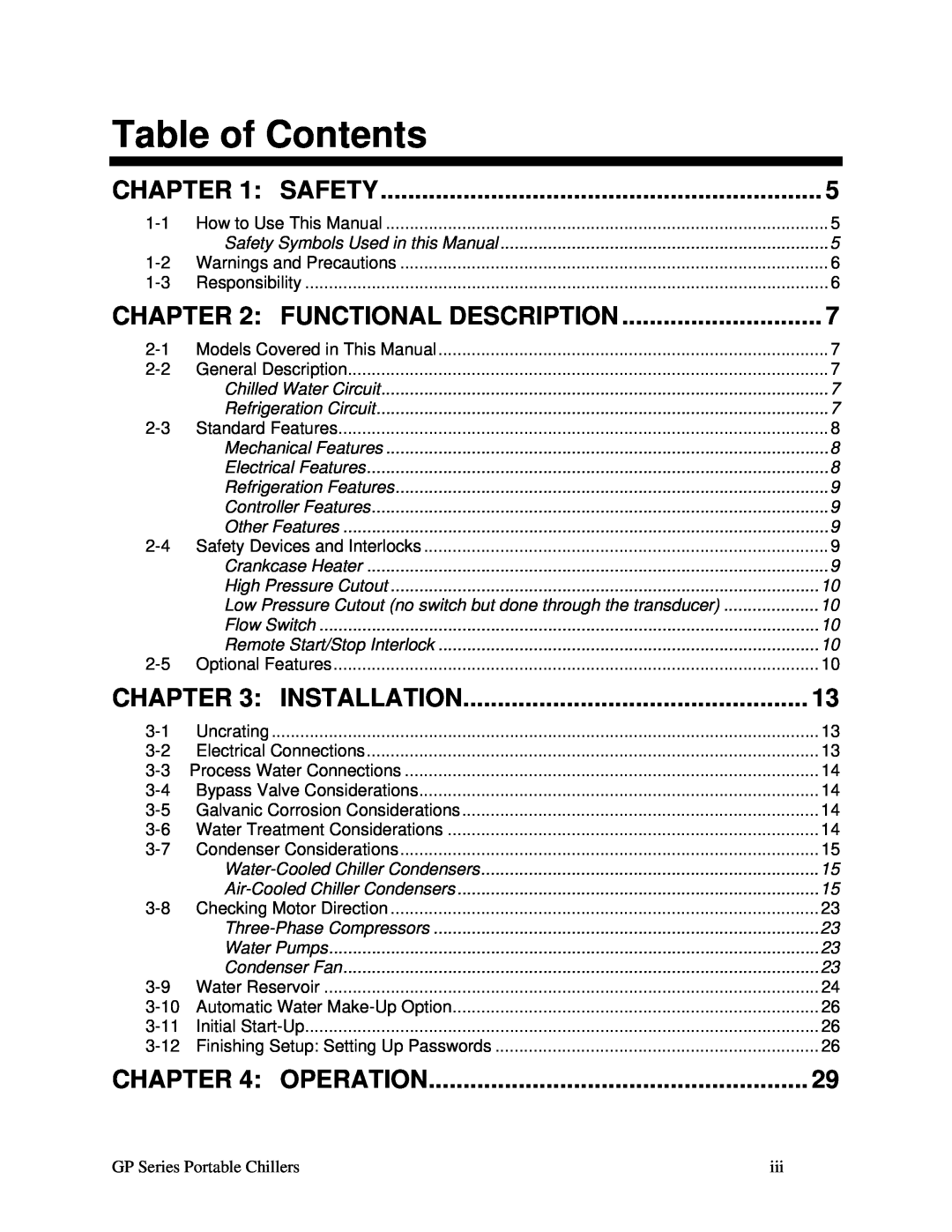 Sterling 882.93092.00 Table of Contents, Safety, Functional Description, Installation, Operation, Flow Switch, Water Pumps 