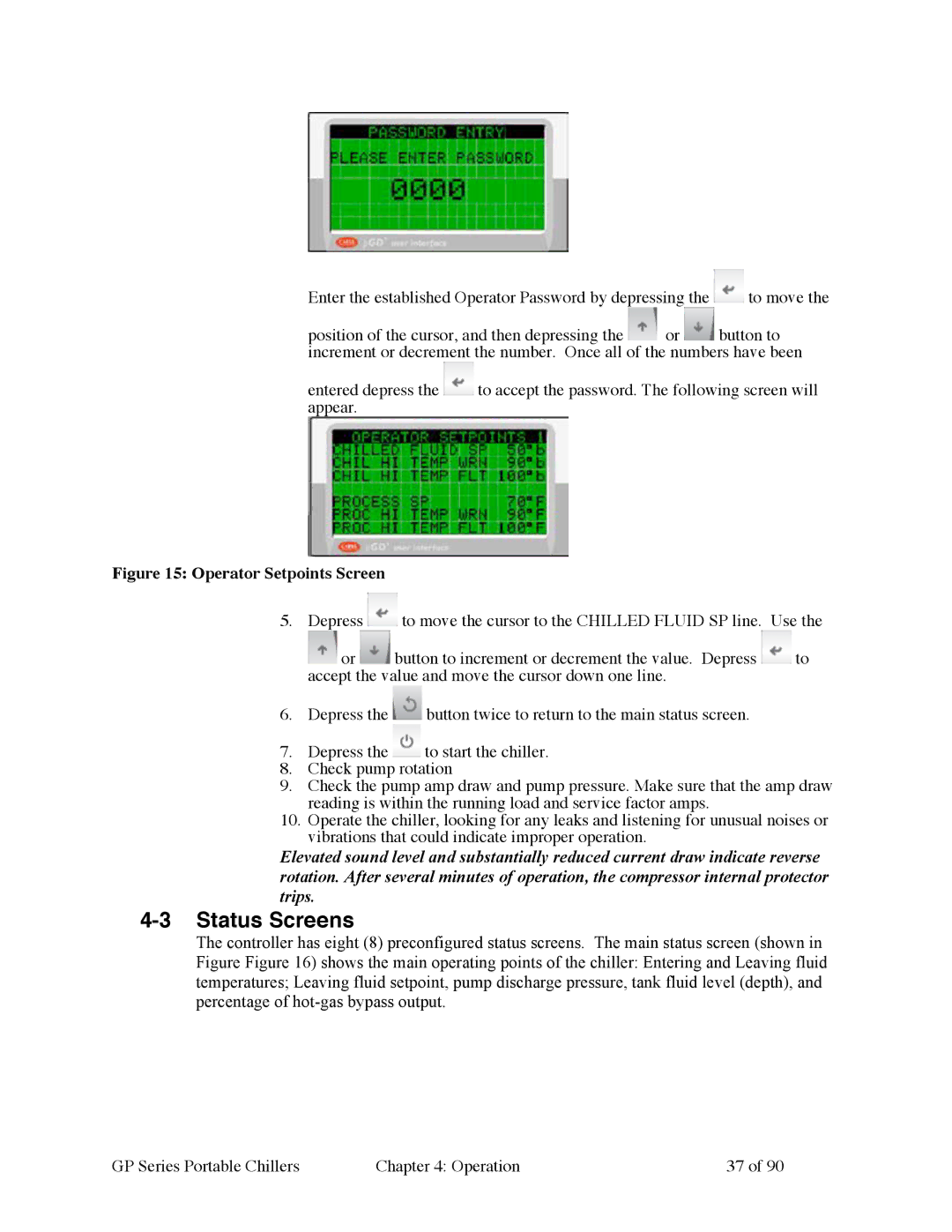 Sterling 882.93092.01 manual Status Screens, Operator Setpoints Screen 