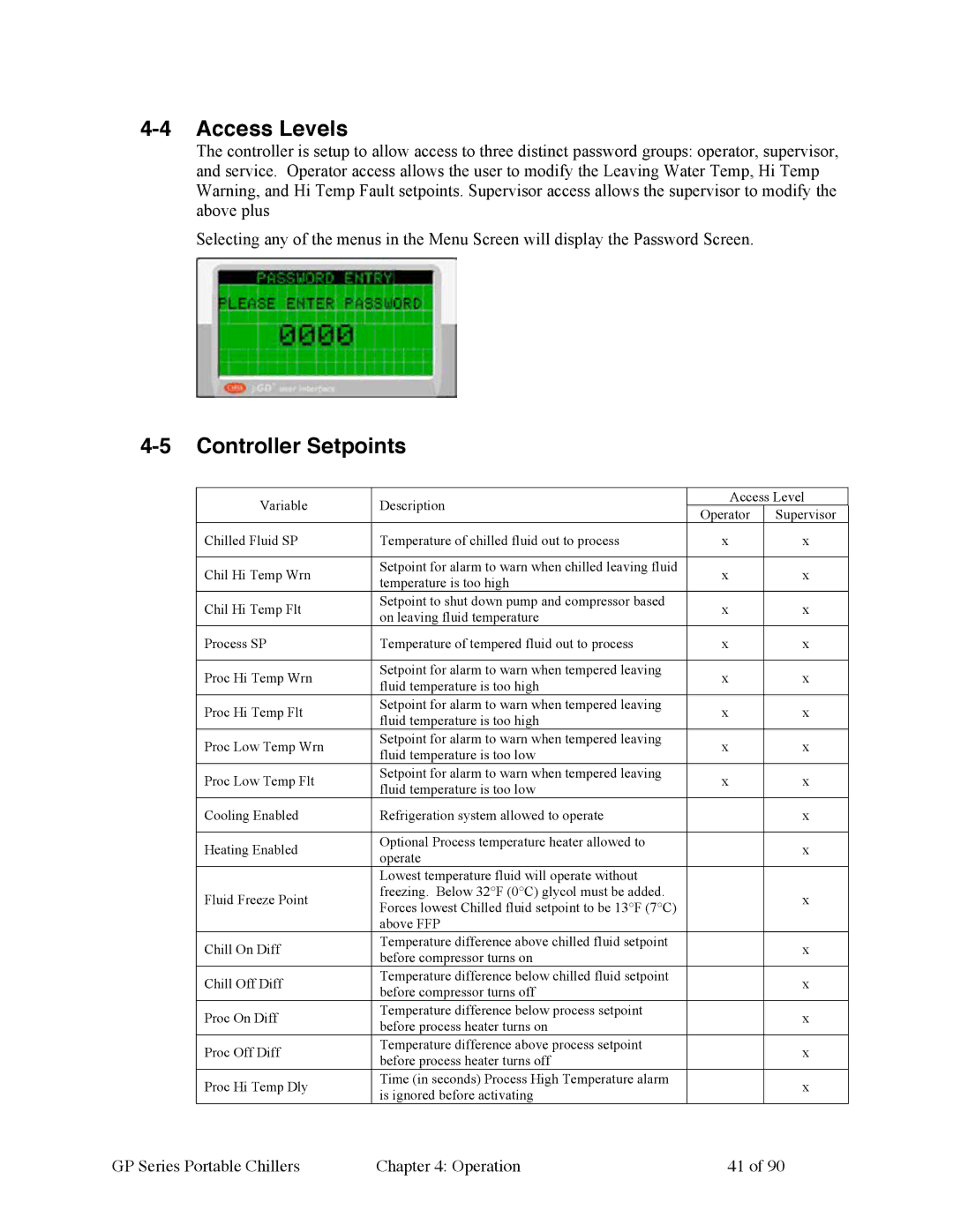 Sterling 882.93092.01 manual Access Levels, Controller Setpoints 