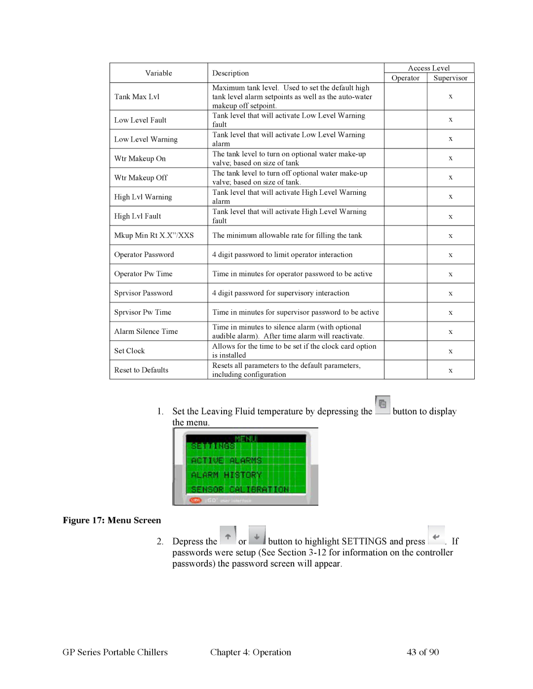 Sterling 882.93092.01 manual Menu Screen 