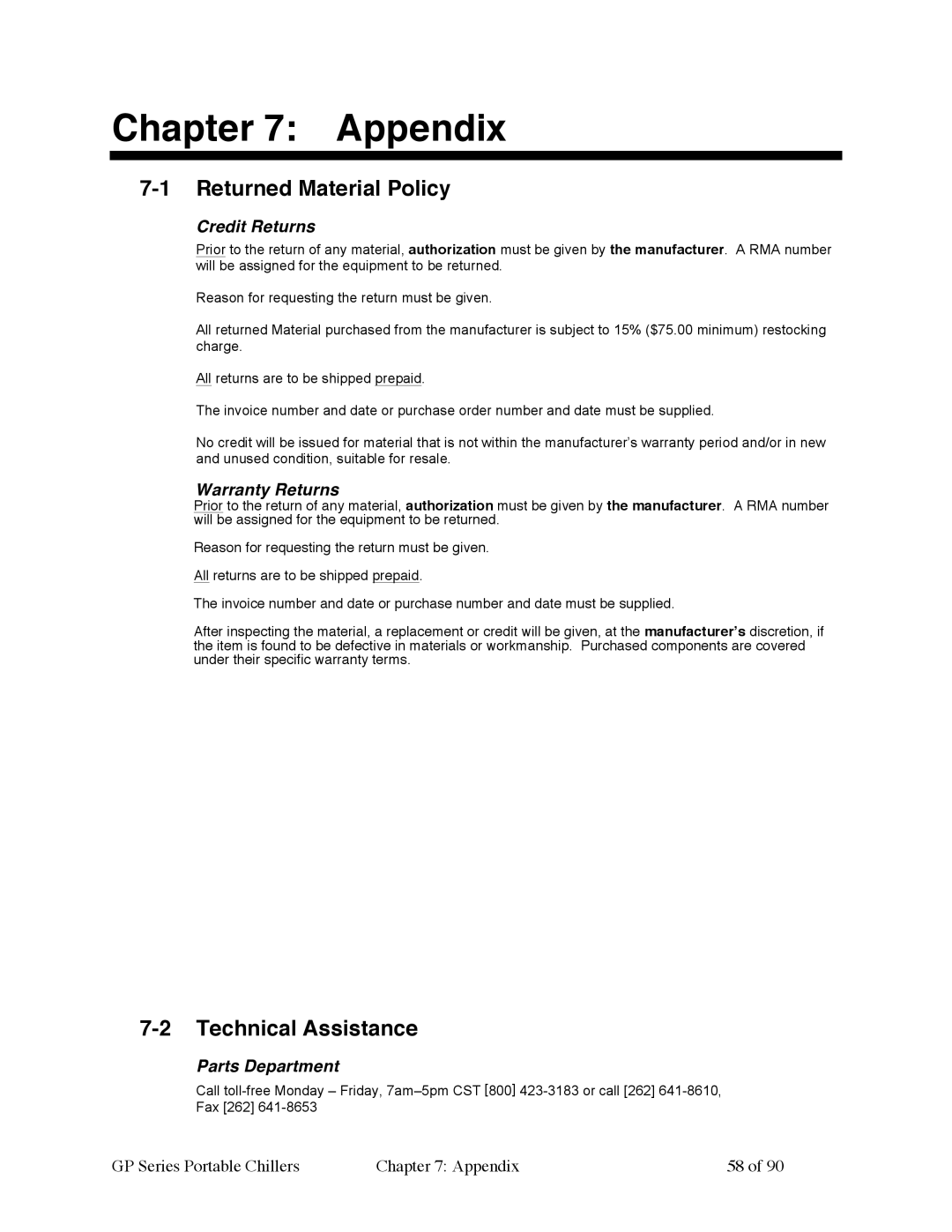 Sterling 882.93092.01 manual Appendix, Returned Material Policy, Technical Assistance 