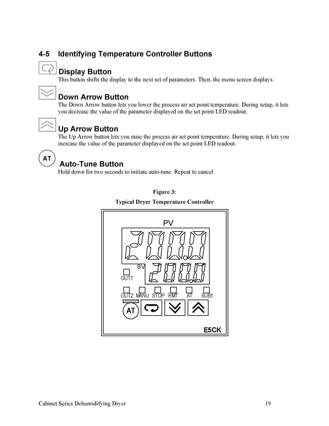 Sterling 90-225 CFM Identifying Temperature Controller Buttons Display Button, Down Arrow Button, Up Arrow Button 